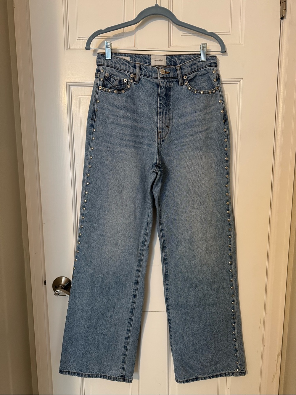 Unpublished Jolene Studded High-Waist Wide Leg Jeans - Light Blue